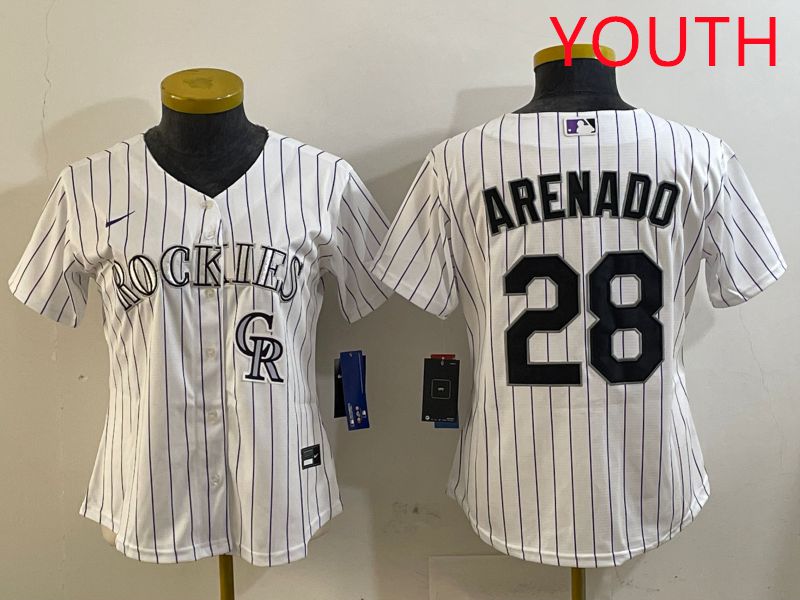 Youth Colorado Rockies #28 Arenado White Stripe Game 2025 Nike MLB Jersey style 5->youth mlb jersey->Youth Jersey